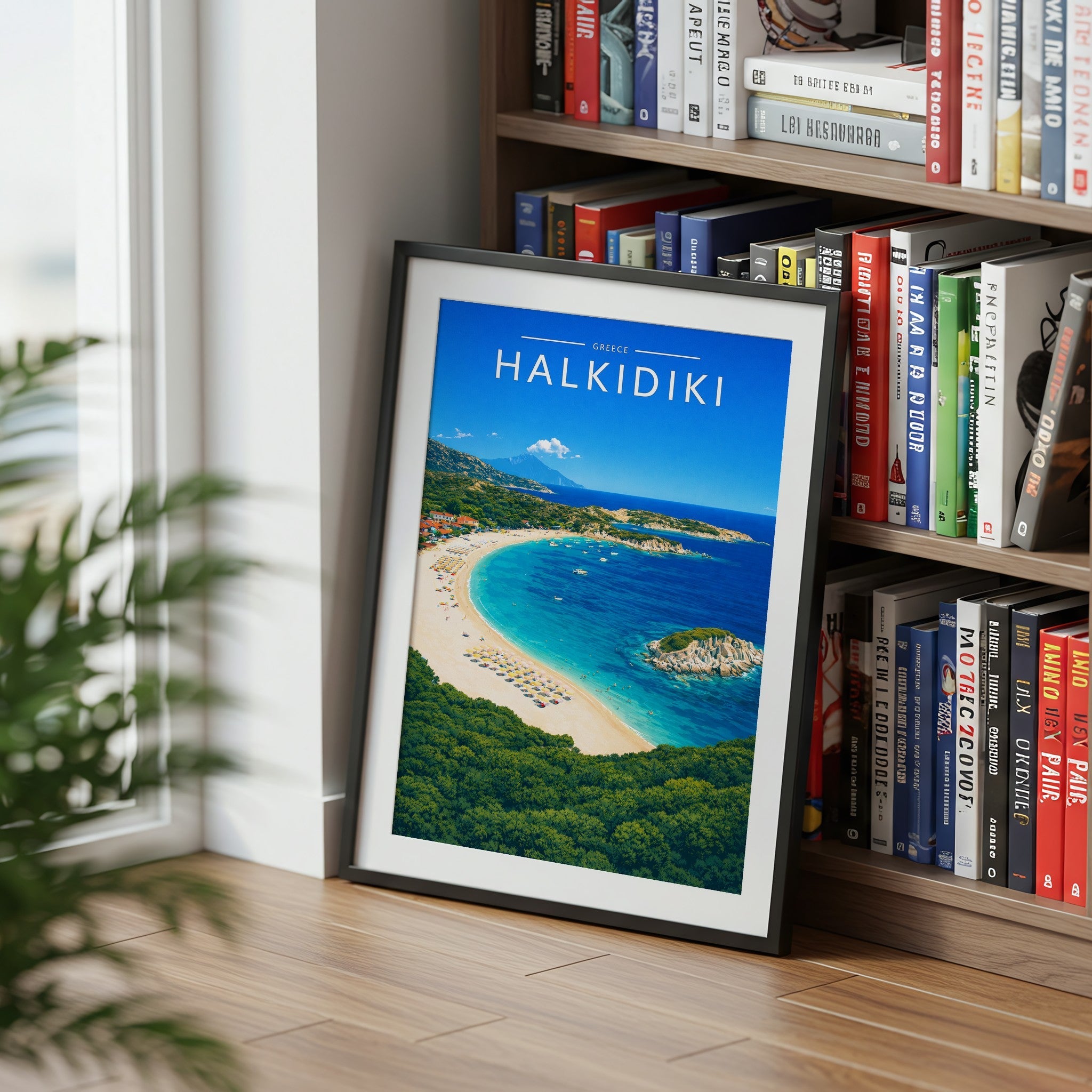 Halkidiki Travel Poster mounted in a black frame