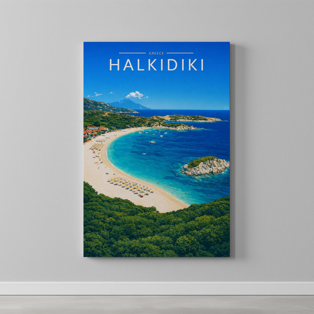 Halkidiki Travel Poster as a gallery-wrapped canvas on a plain wall