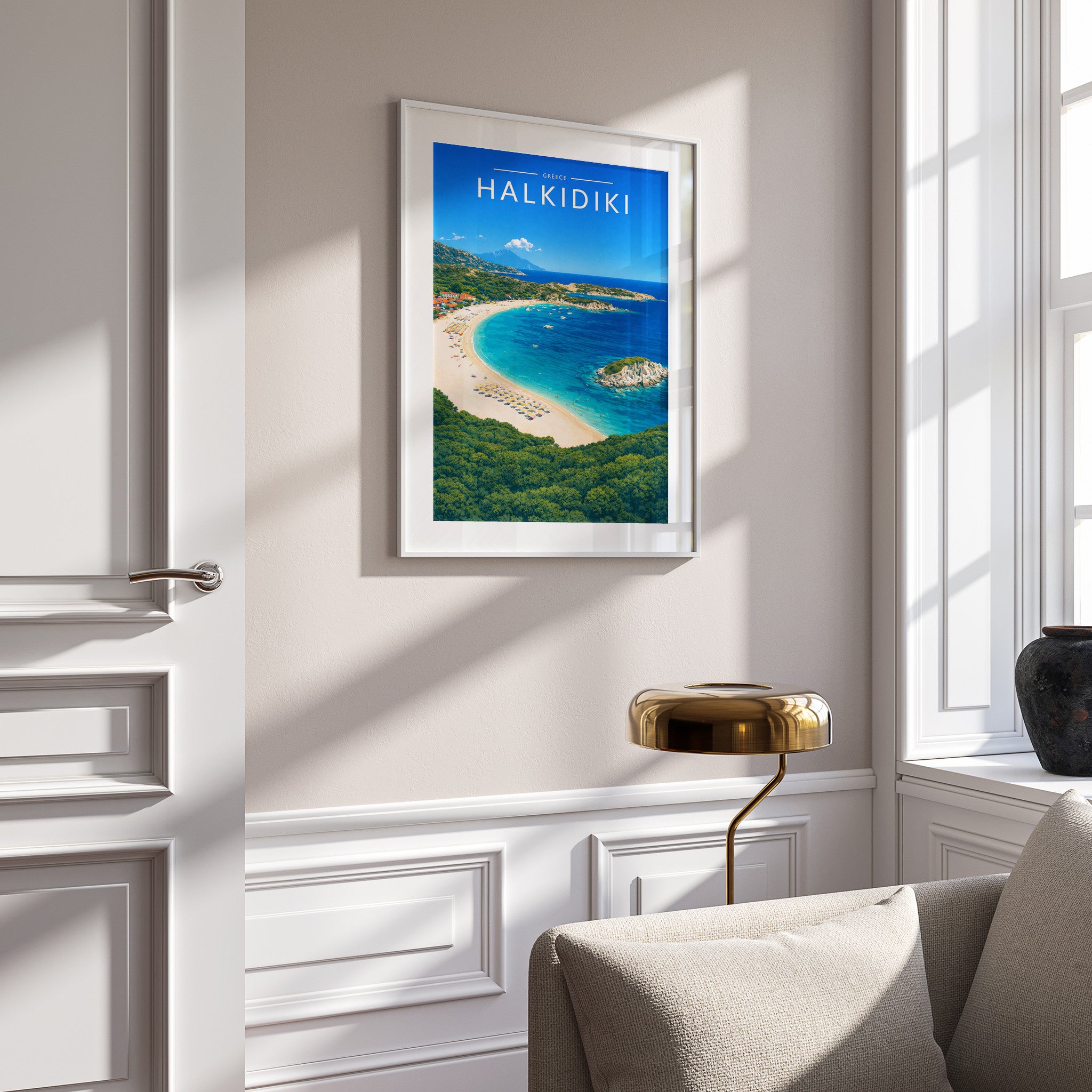 Halkidiki Travel Poster in a white frame on a panelled wall