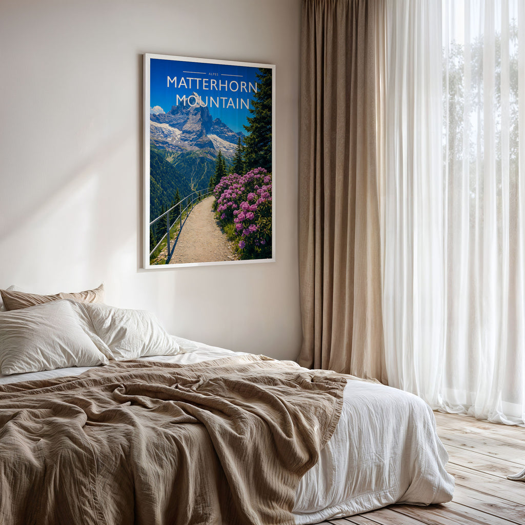 Matterhorn Mountain Travel Poster framed on a bedroom wall