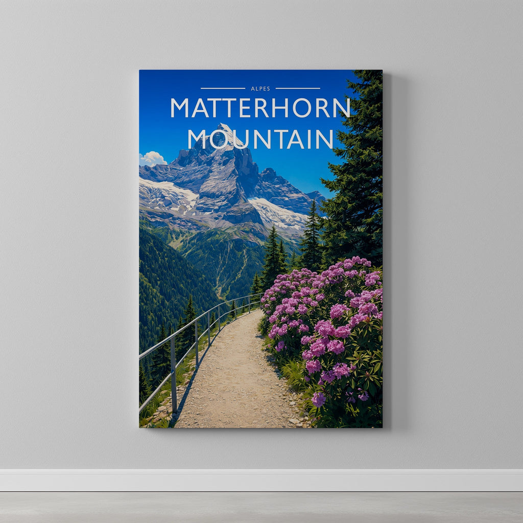 Matterhorn Mountain Travel Poster as a gallery-wrapped canvas on a plain wall