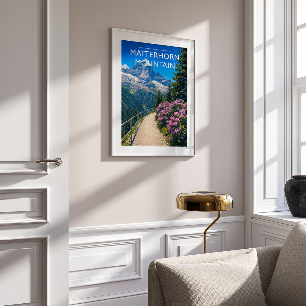 Matterhorn Mountain Travel Poster in a white frame on a panelled wall