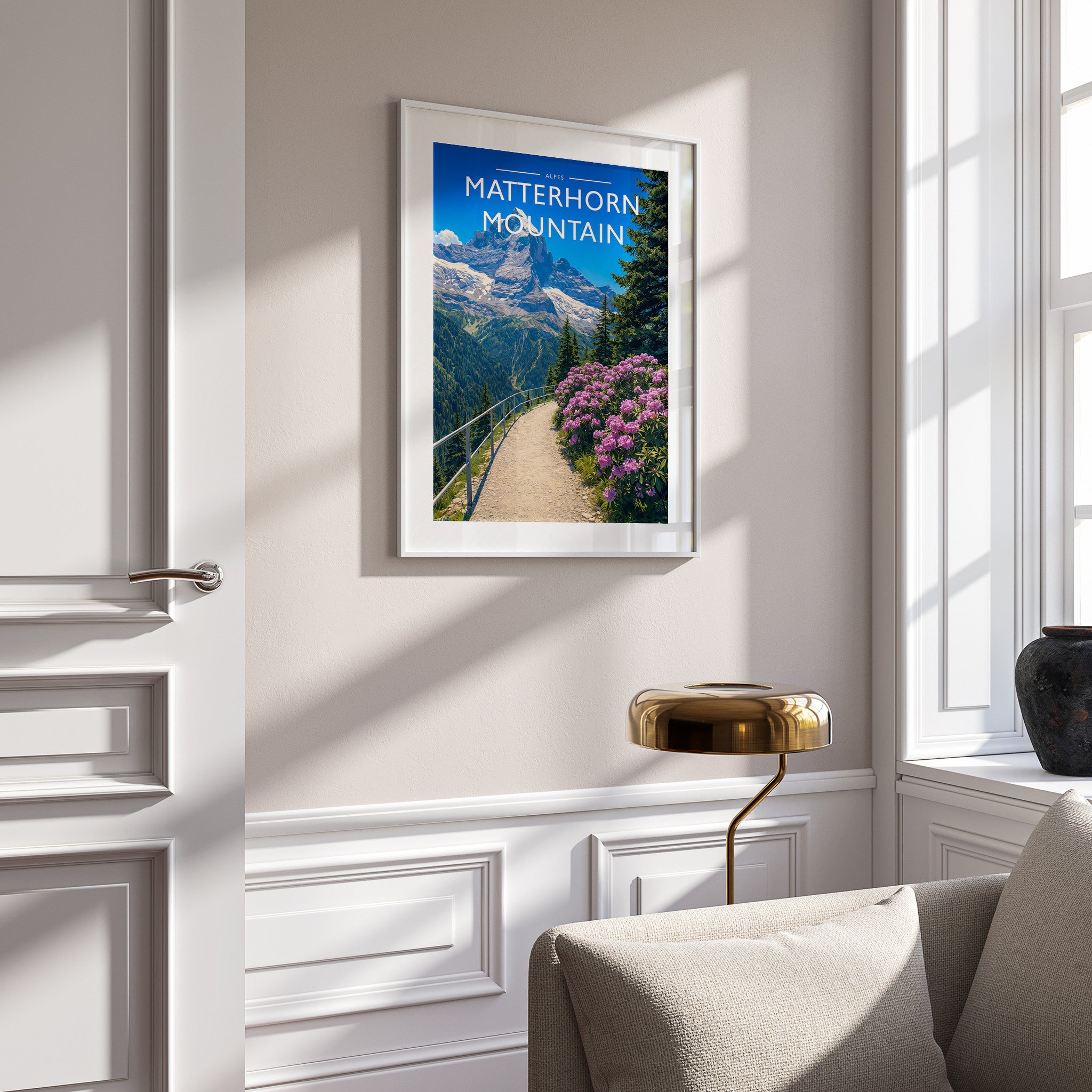 Matterhorn Mountain Travel Poster in a white frame on a panelled wall