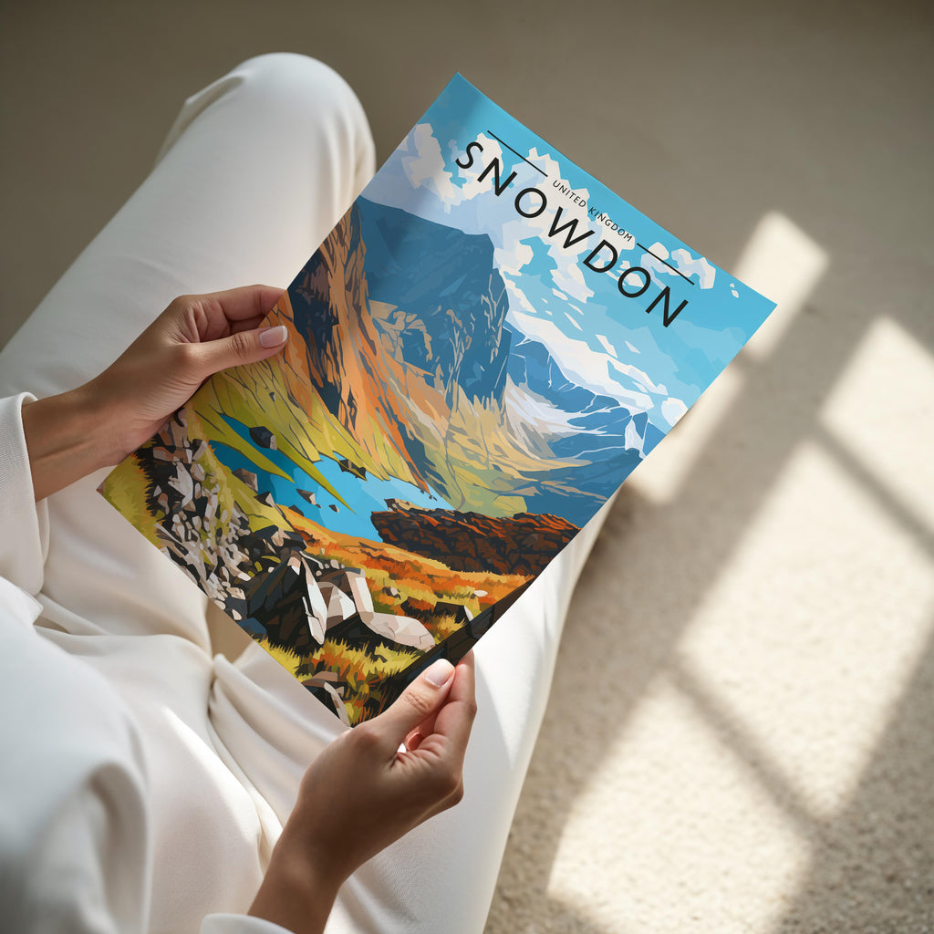 Snowdon Travel Poster - A4 print held in hand