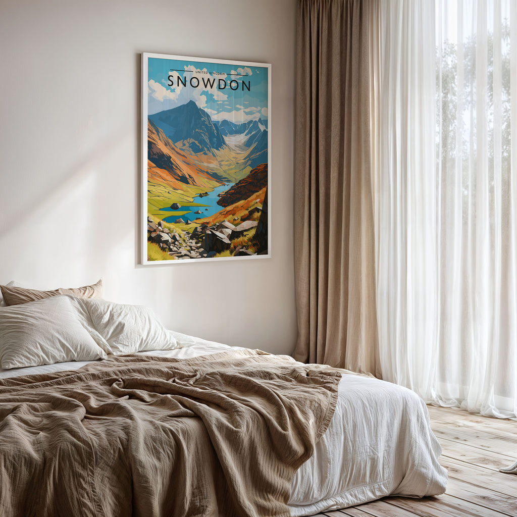 Snowdon Travel Poster framed on a bedroom wall