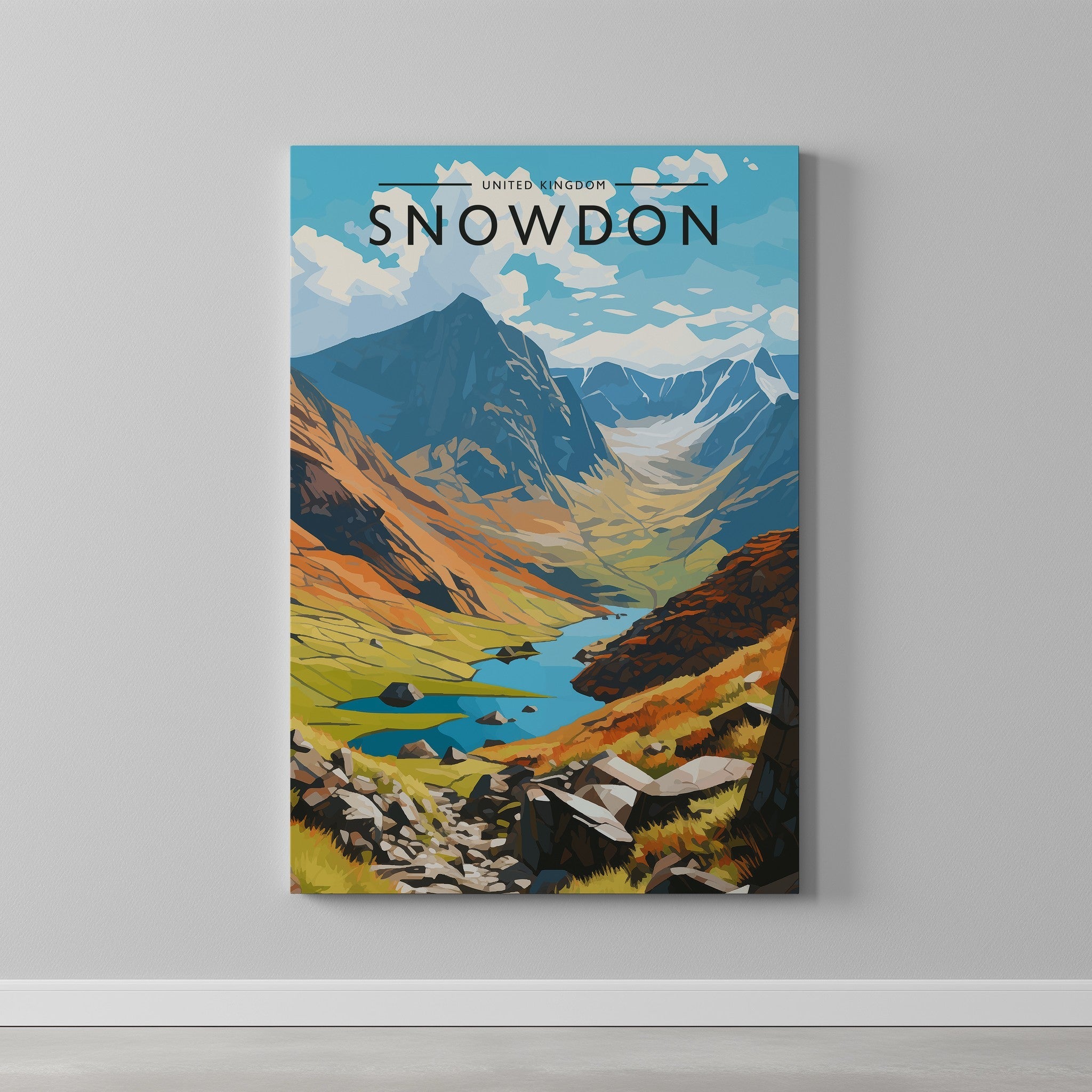 Snowdon Travel Poster as a gallery-wrapped canvas on a plain wall