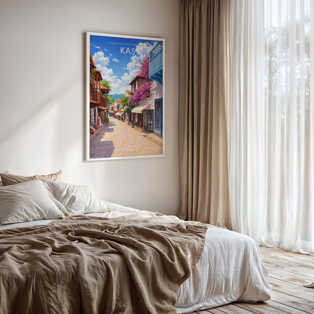 Kaş Travel Poster framed on a bedroom wall