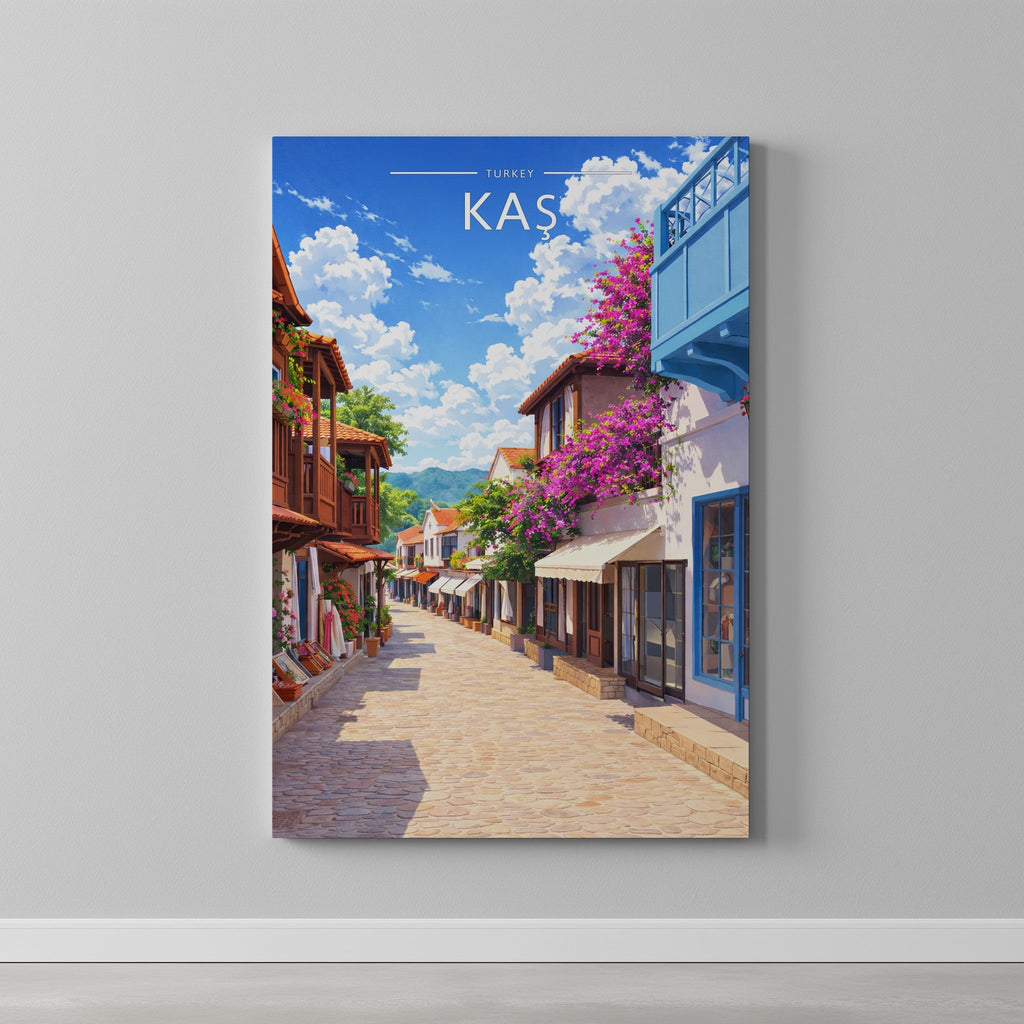 Kaş Travel Poster as a gallery-wrapped canvas on a plain wall