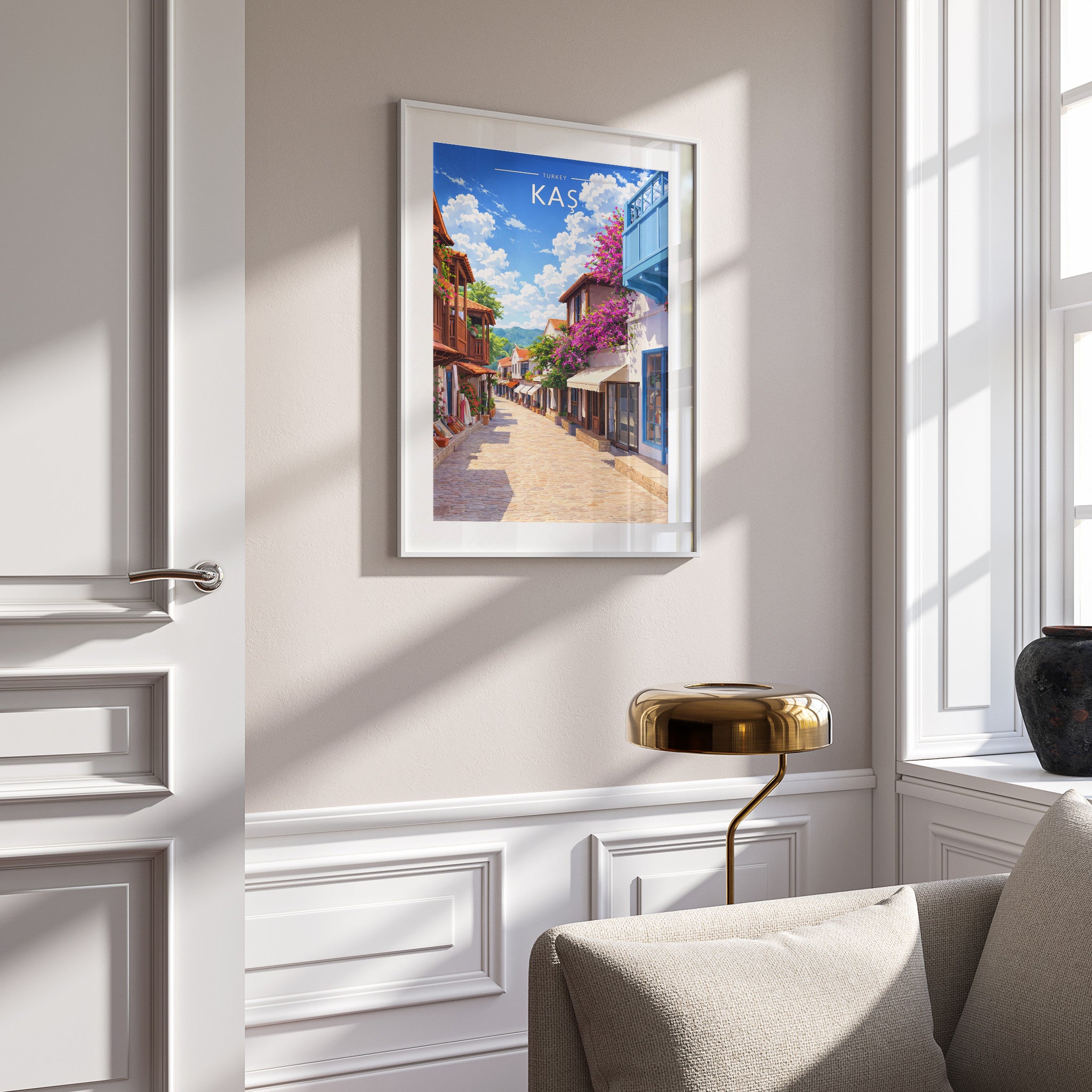 Kaş Travel Poster in a white frame on a panelled wall