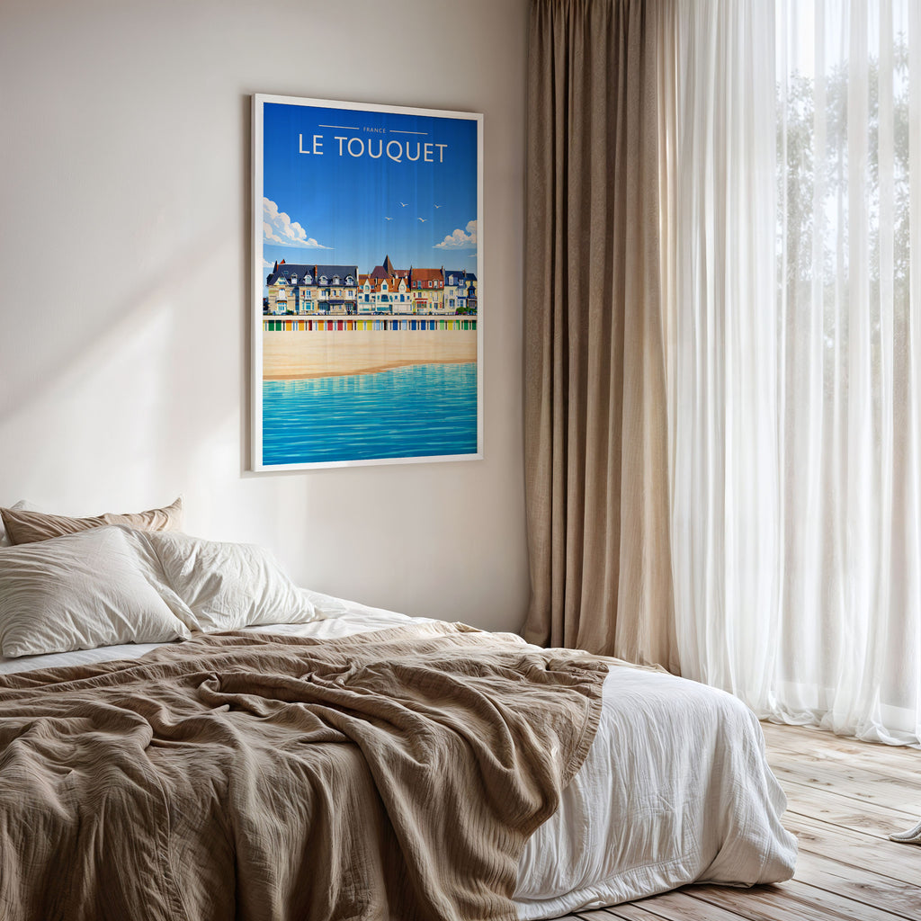 Le Touquet Travel Poster framed on a bedroom wall