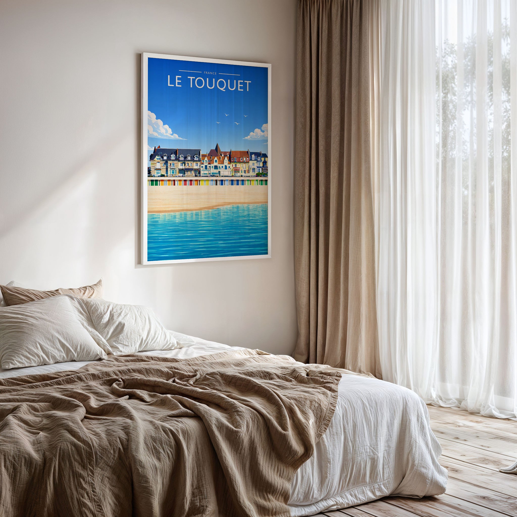 Le Touquet Travel Poster framed on a bedroom wall