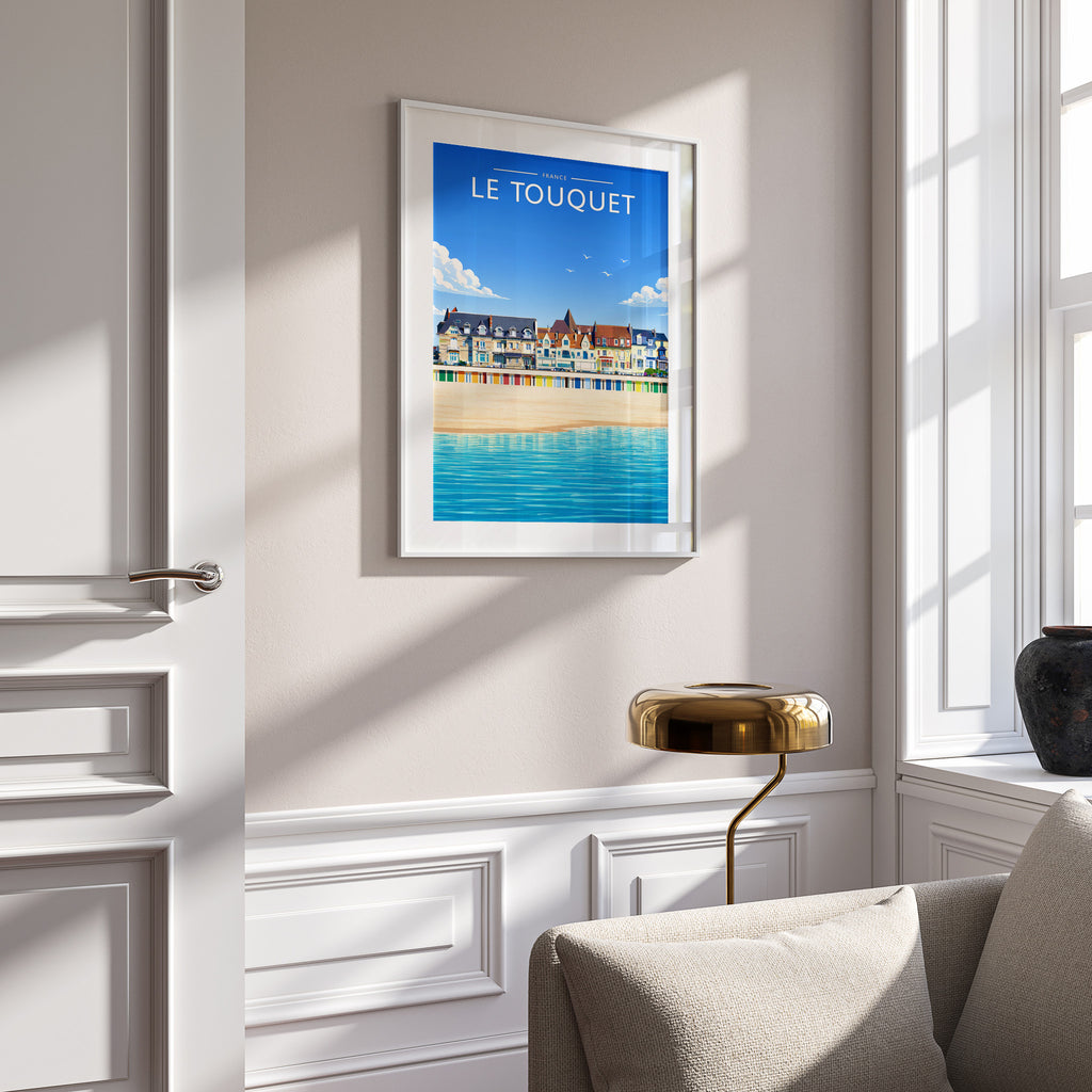 Le Touquet Travel Poster in a white frame on a panelled wall
