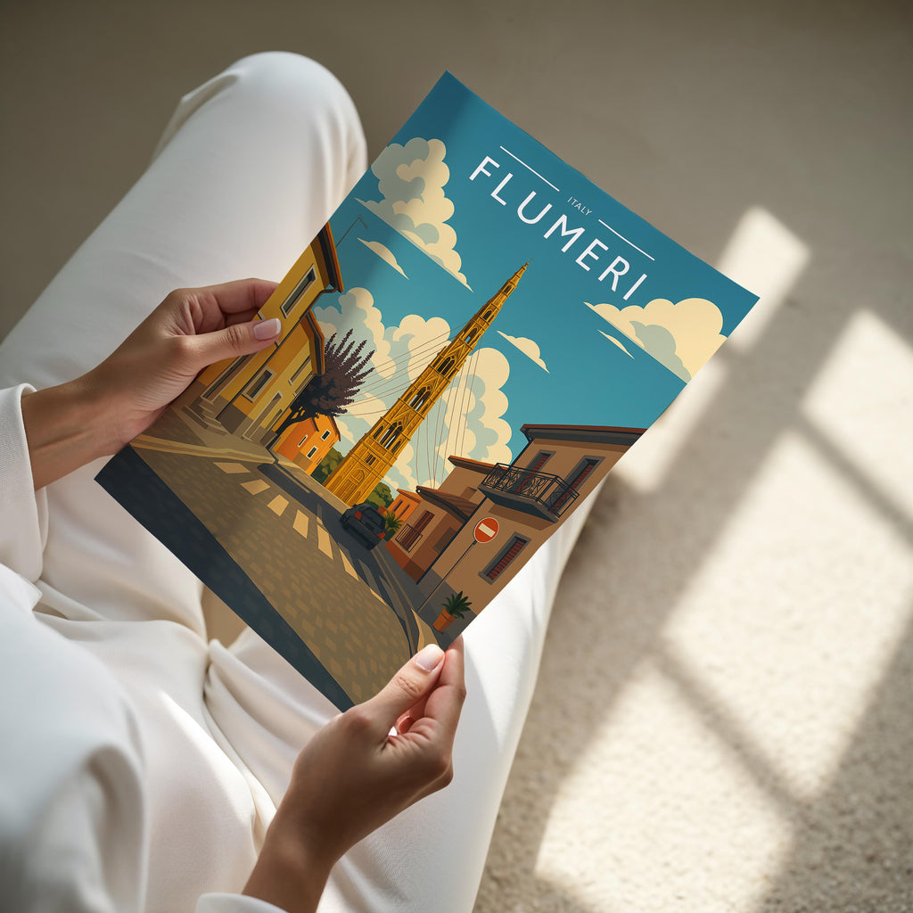 Flumeri Travel Poster - A4 print held in hand