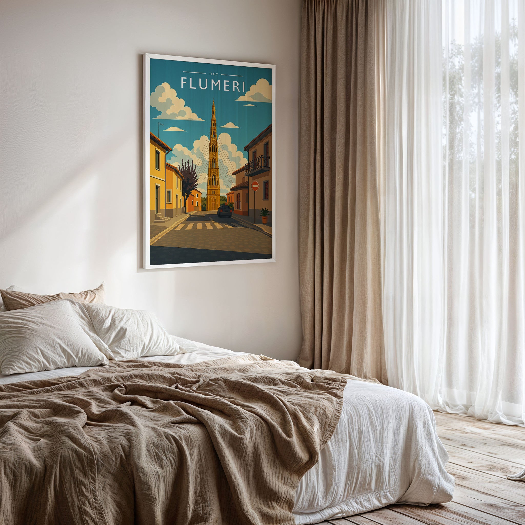 Flumeri Travel Poster framed on a bedroom wall