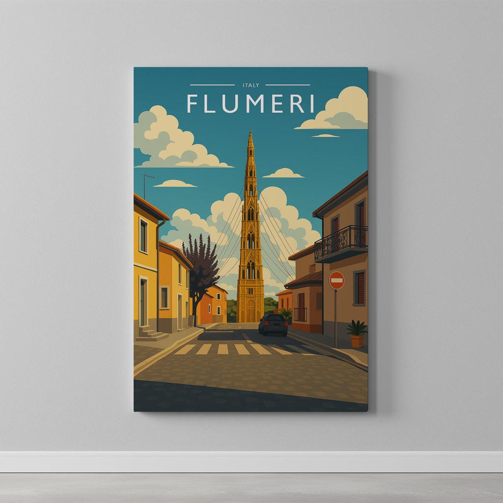 Flumeri Travel Poster as a gallery-wrapped canvas on a plain wall