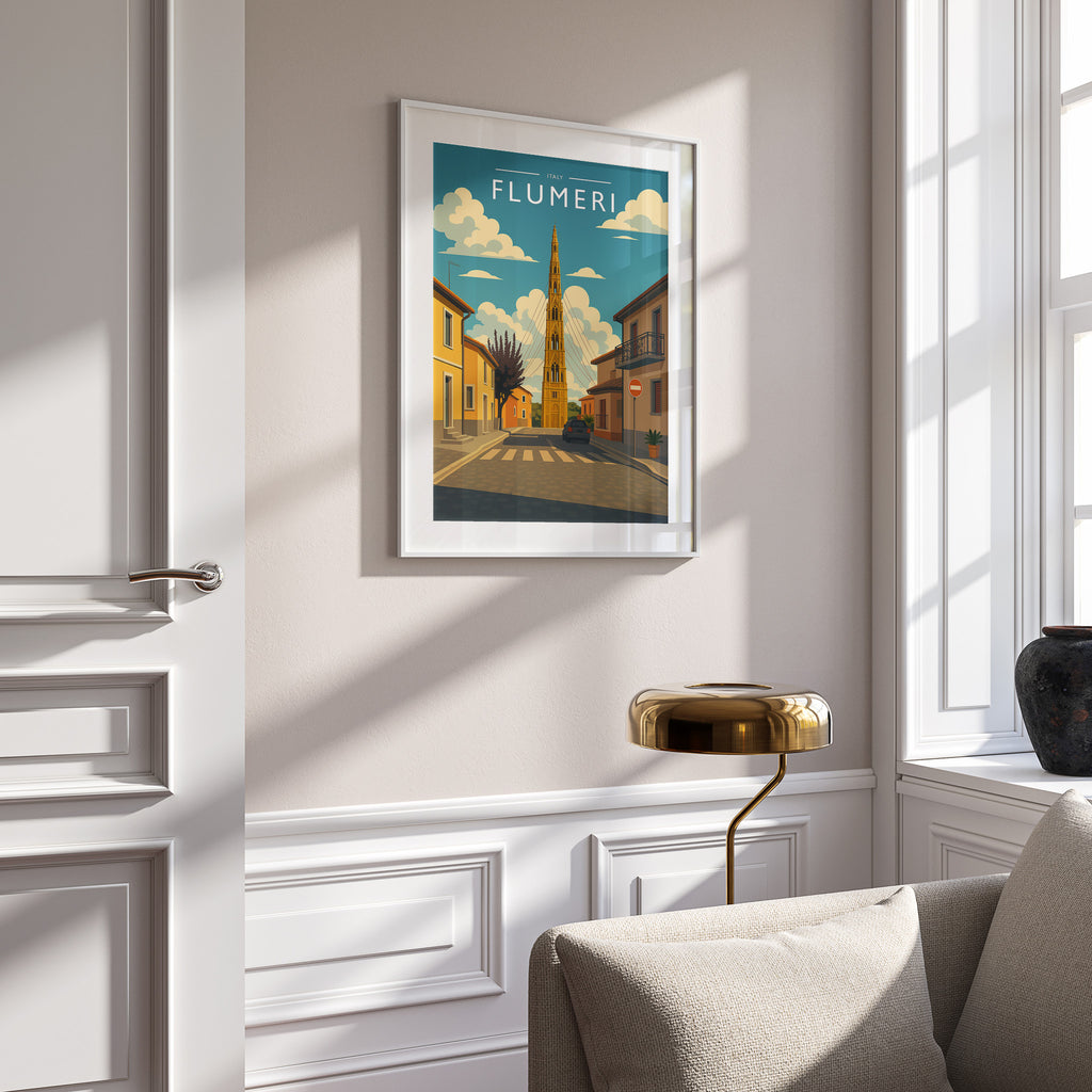 Flumeri Travel Poster in a white frame on a panelled wall