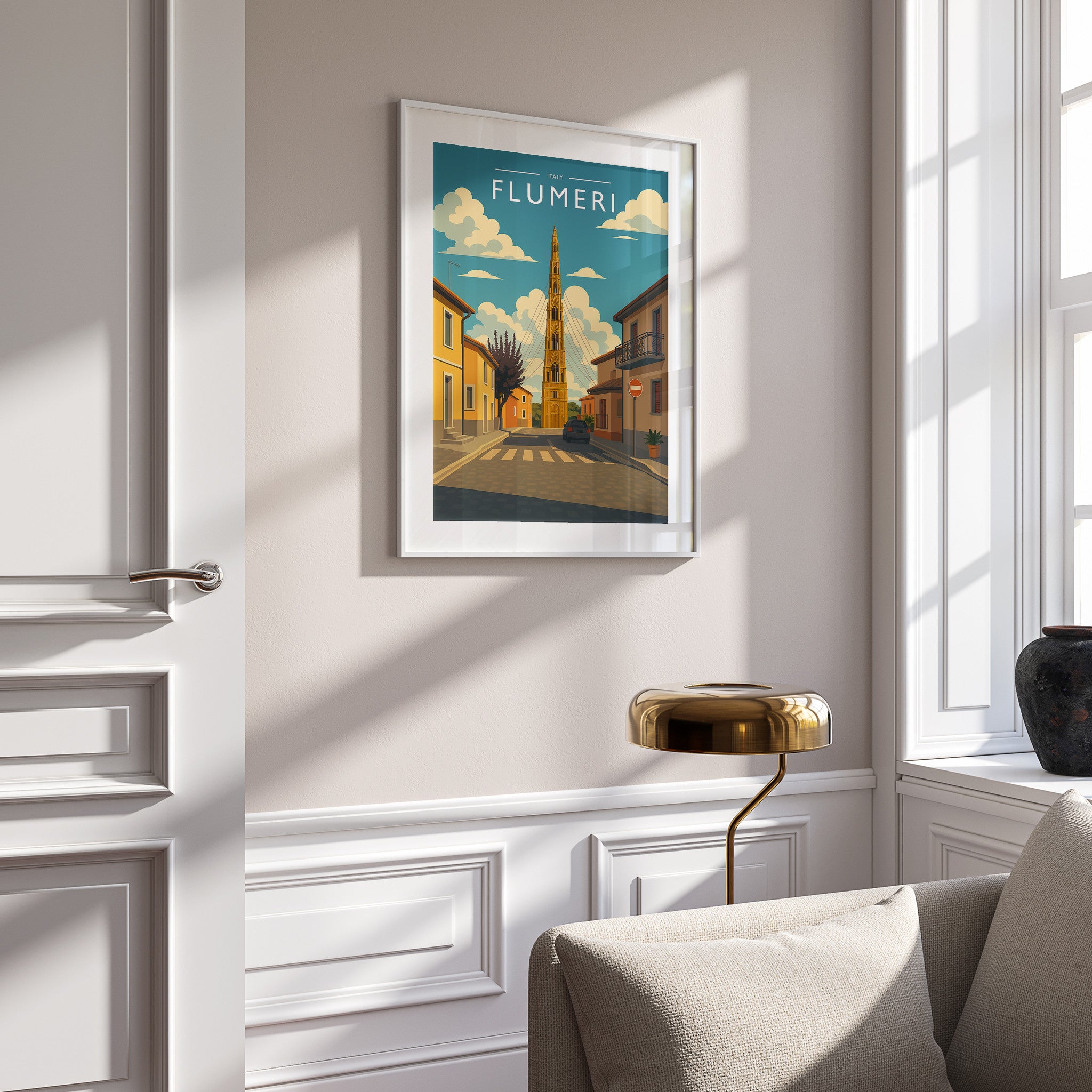 Flumeri Travel Poster in a white frame on a panelled wall