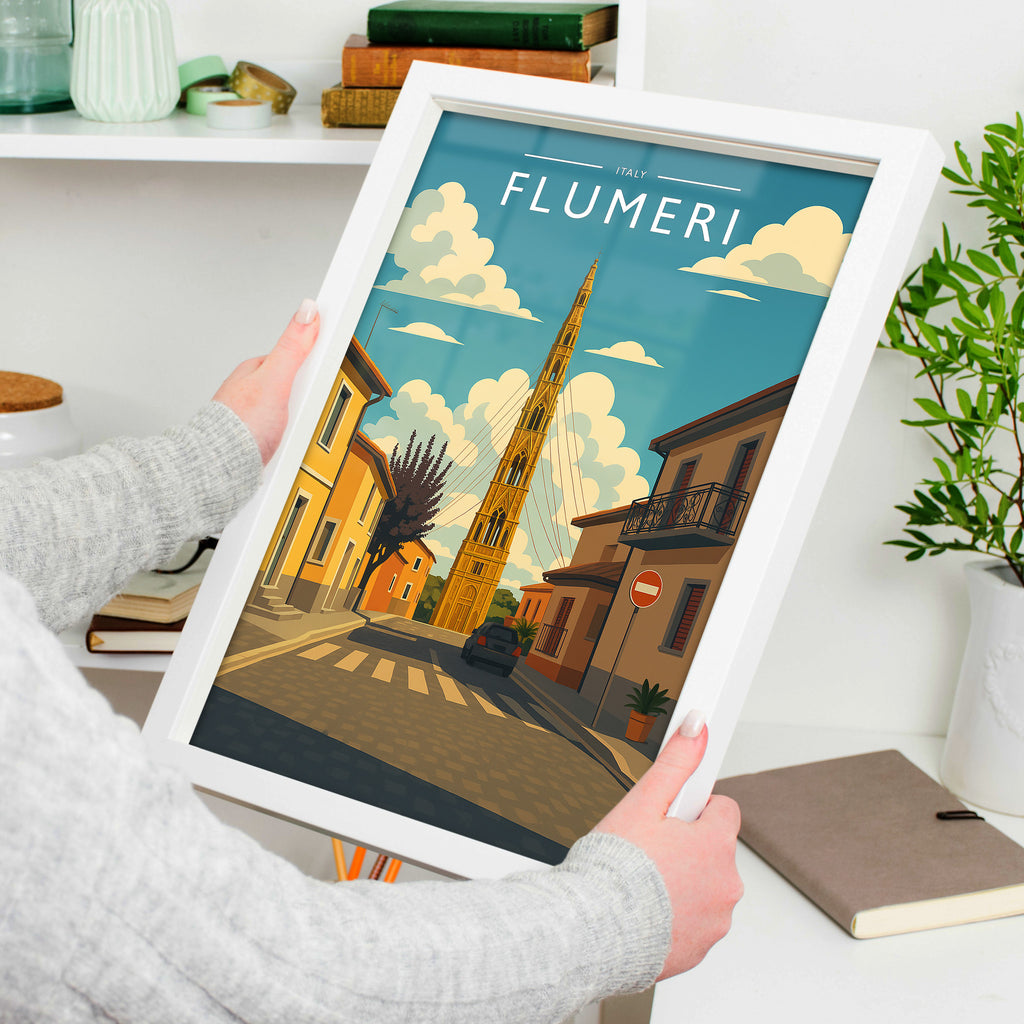 Flumeri Travel Poster in a white frame, held to show scale