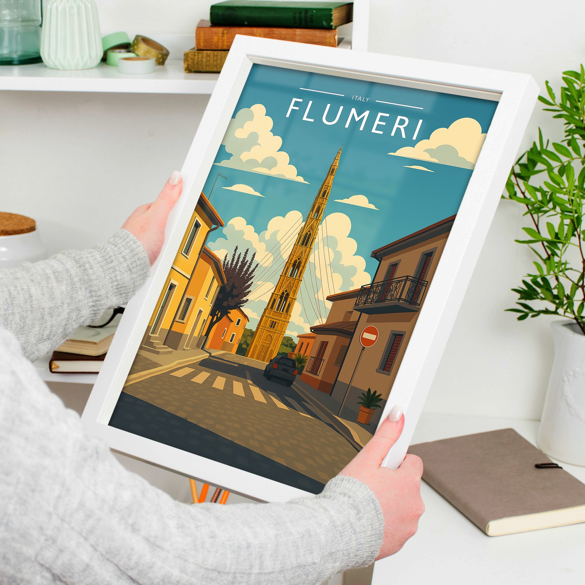 Flumeri Travel Poster in a white frame, held to show scale