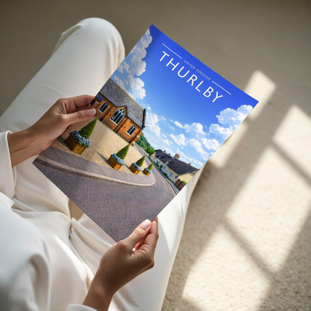 Thurlby Travel Poster - A4 print held in hand