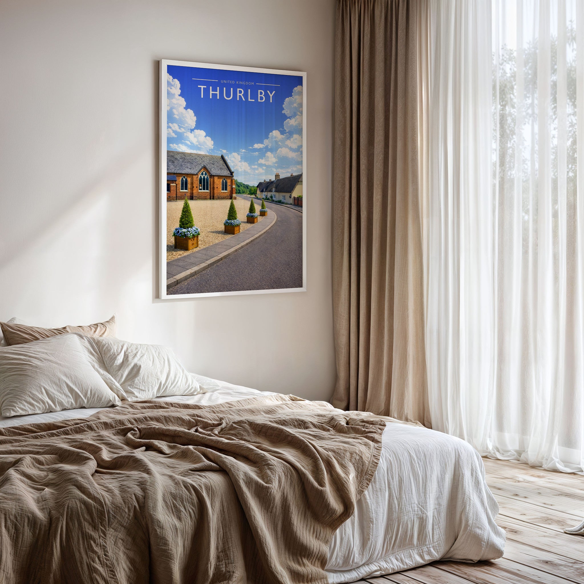 Thurlby Travel Poster framed on a bedroom wall