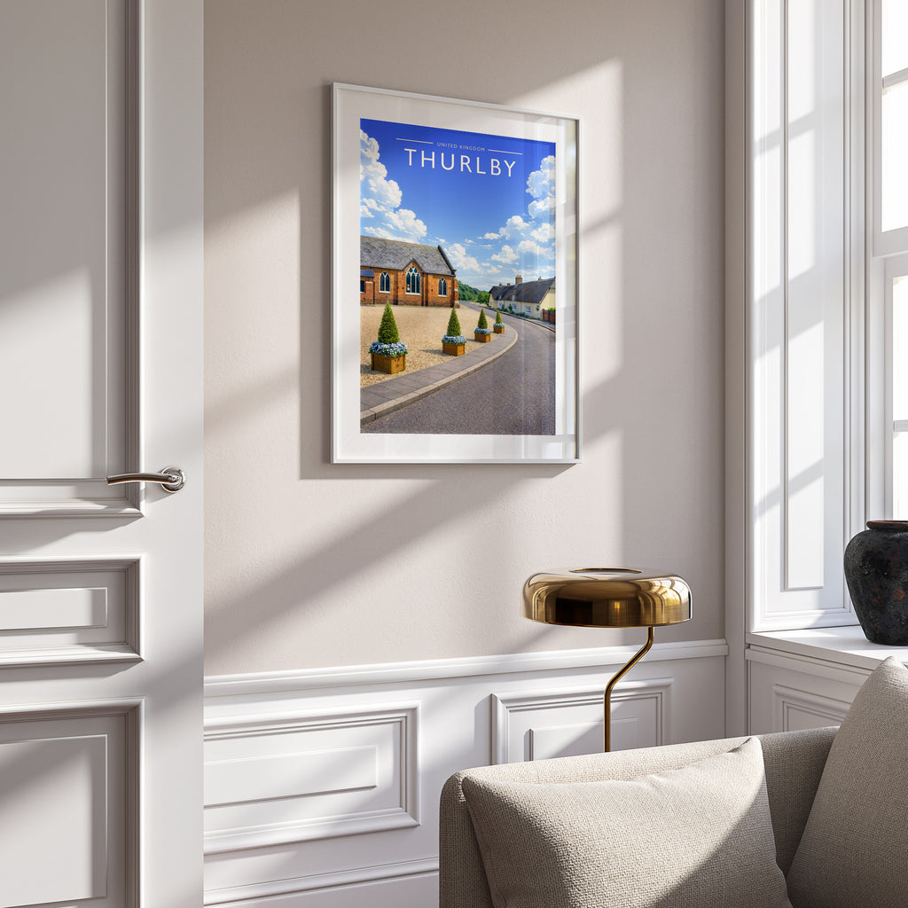 Thurlby Travel Poster in a white frame on a panelled wall