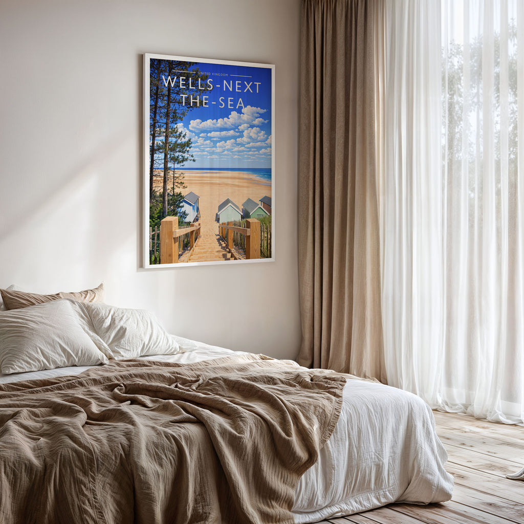 Wells-next-the-Sea #2 Travel Poster framed on a bedroom wall