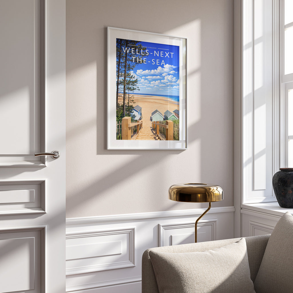 Wells-next-the-Sea #2 Travel Poster in a white frame on a panelled wall