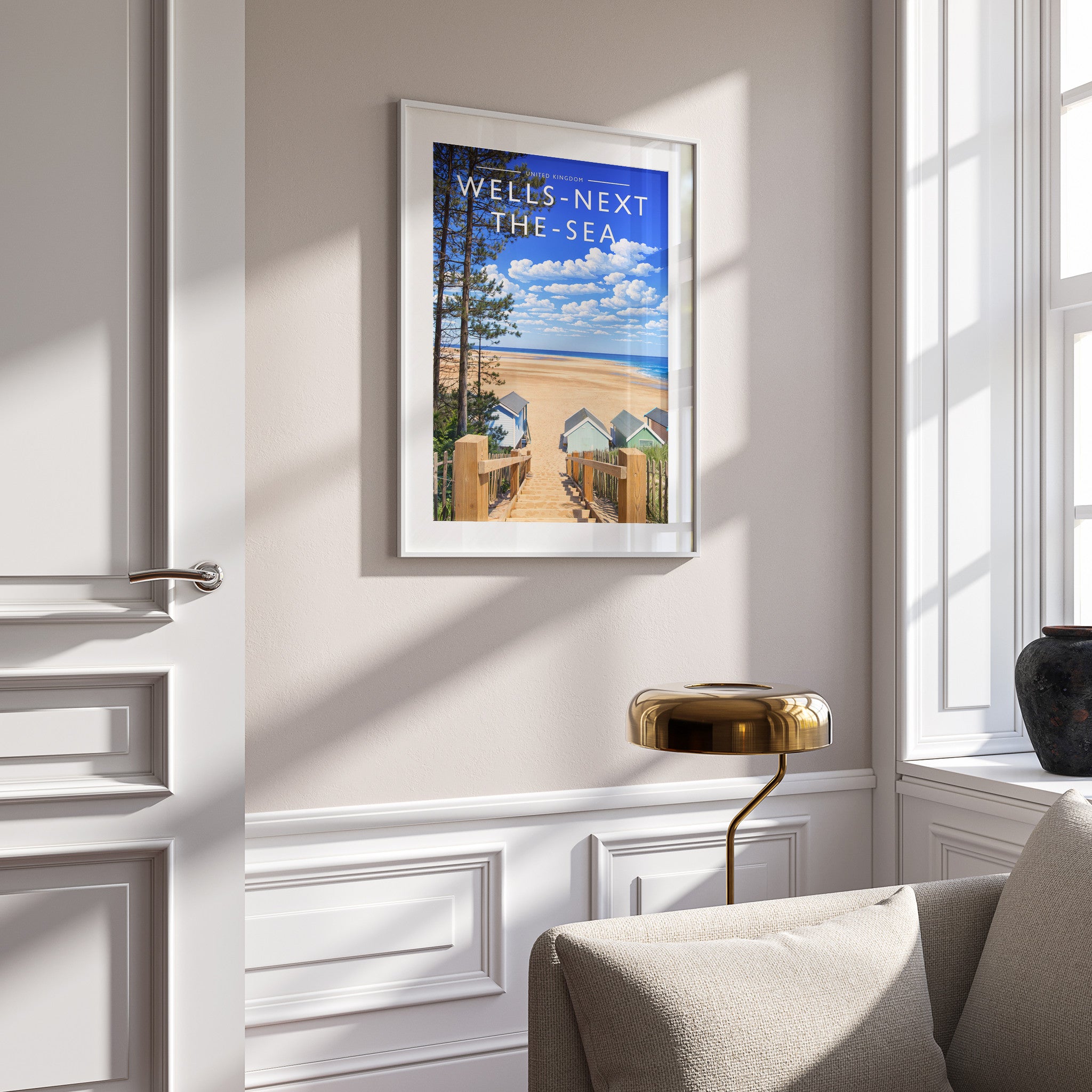 Wells-next-the-Sea #2 Travel Poster in a white frame on a panelled wall