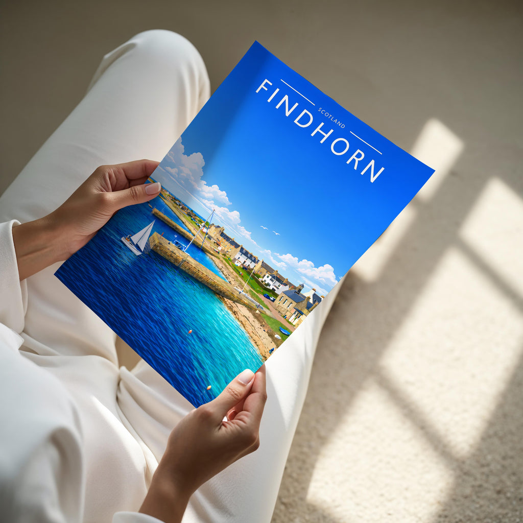 Findhorn Travel Poster - A4 print held in hand