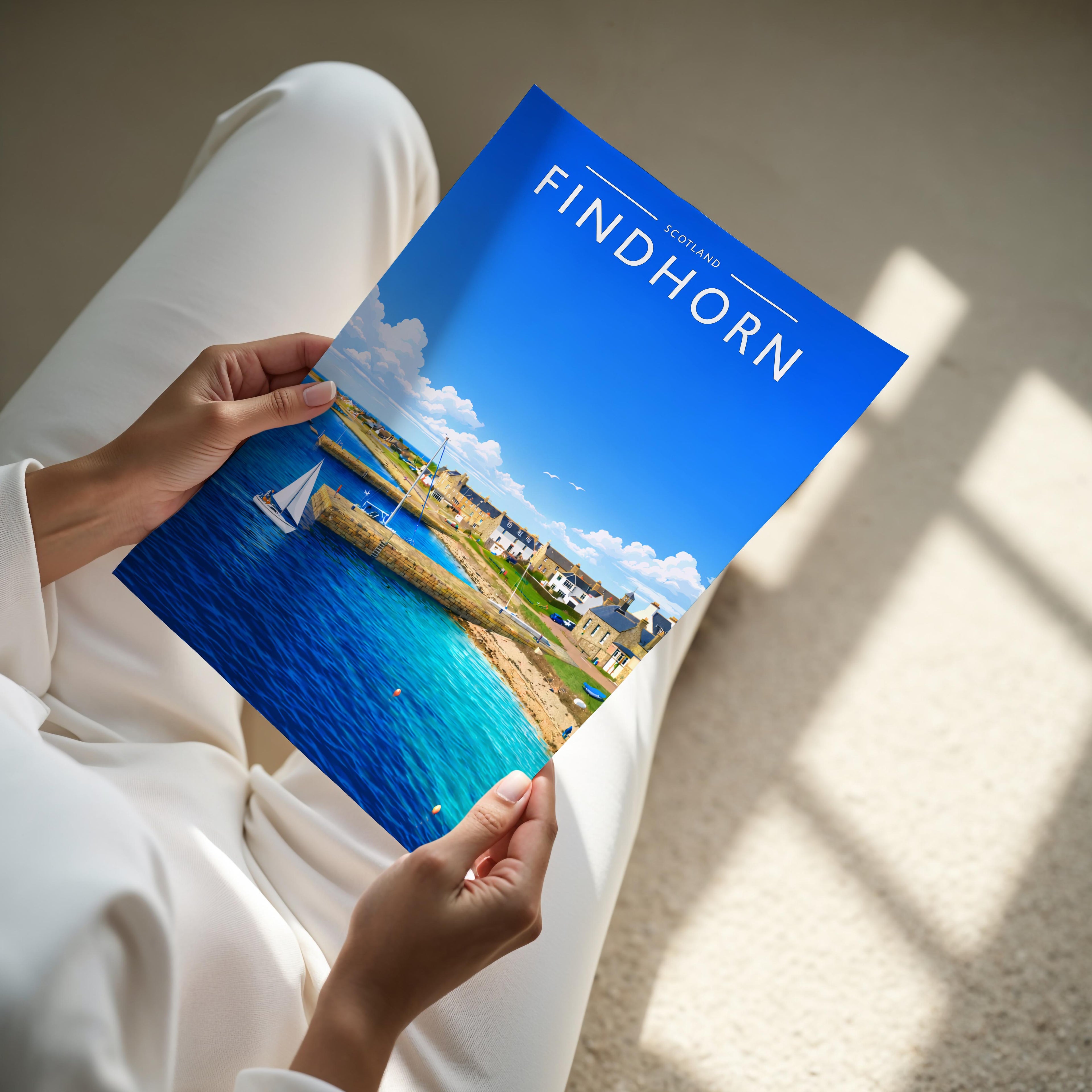 Findhorn Travel Poster - A4 print held in hand