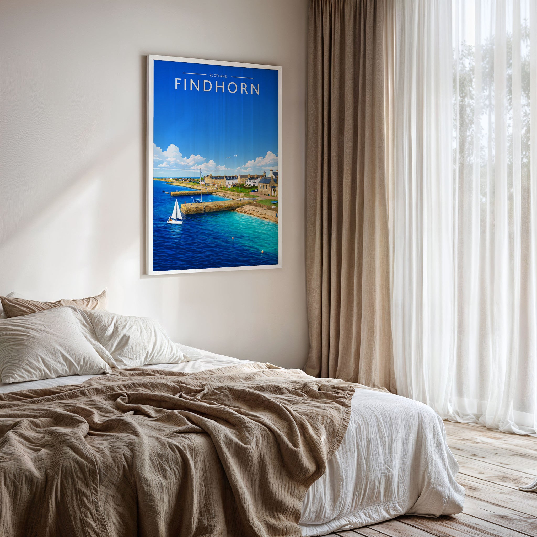 Findhorn Travel Poster framed on a bedroom wall
