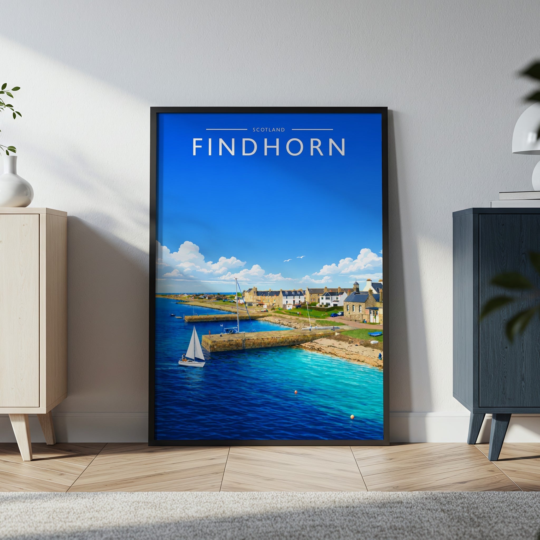 Findhorn Travel Poster in a black frame