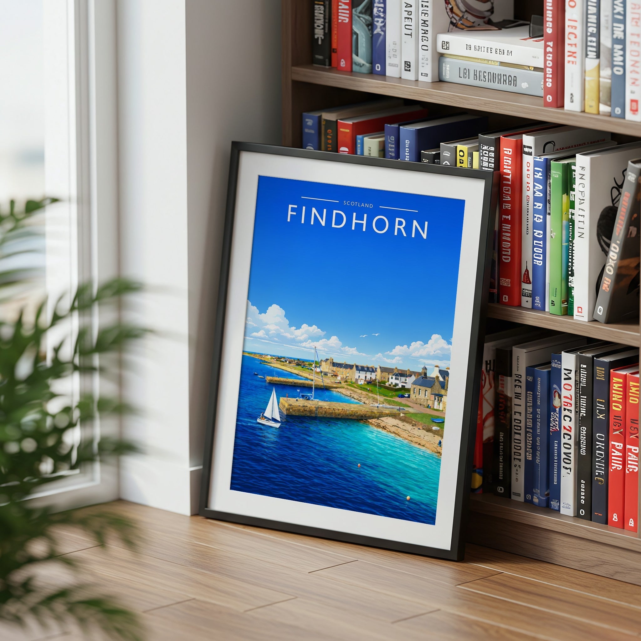 Findhorn Travel Poster mounted in a black frame