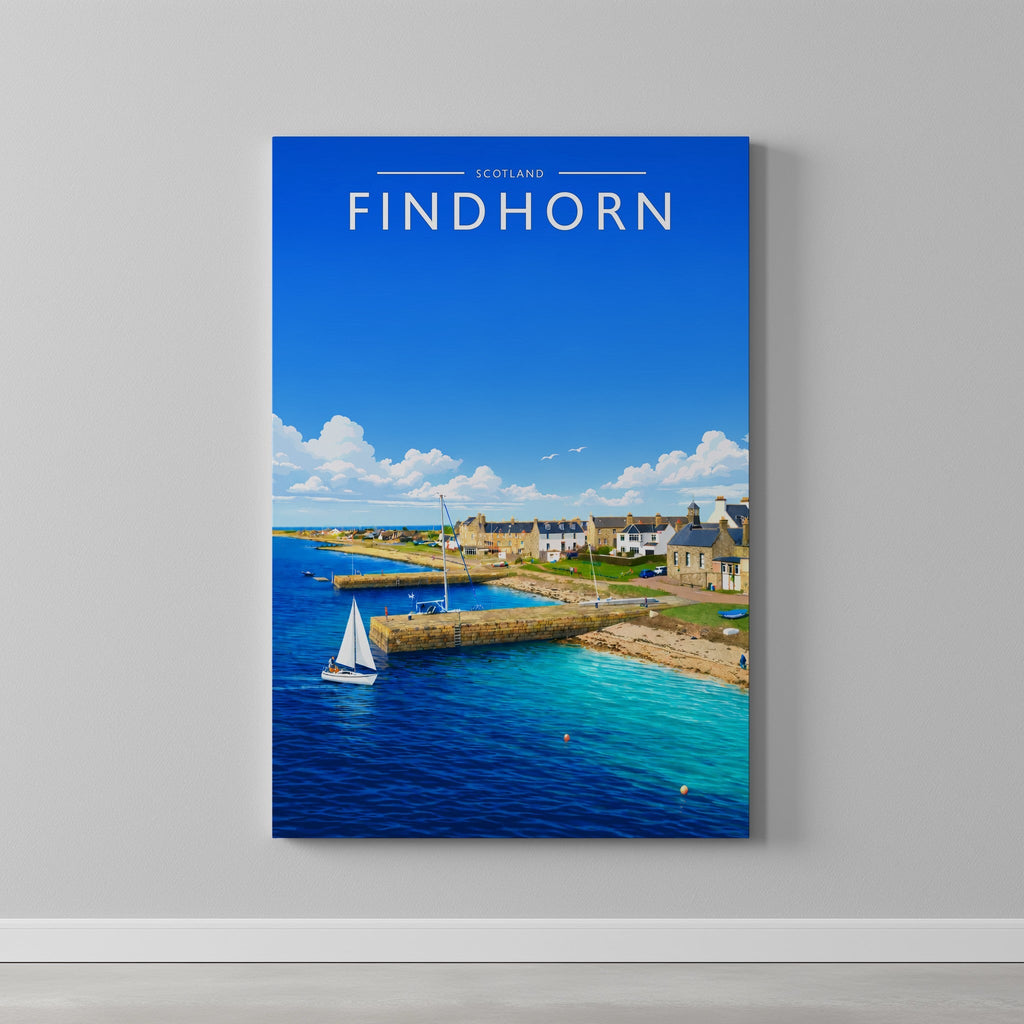 Findhorn Travel Poster as a gallery-wrapped canvas on a plain wall