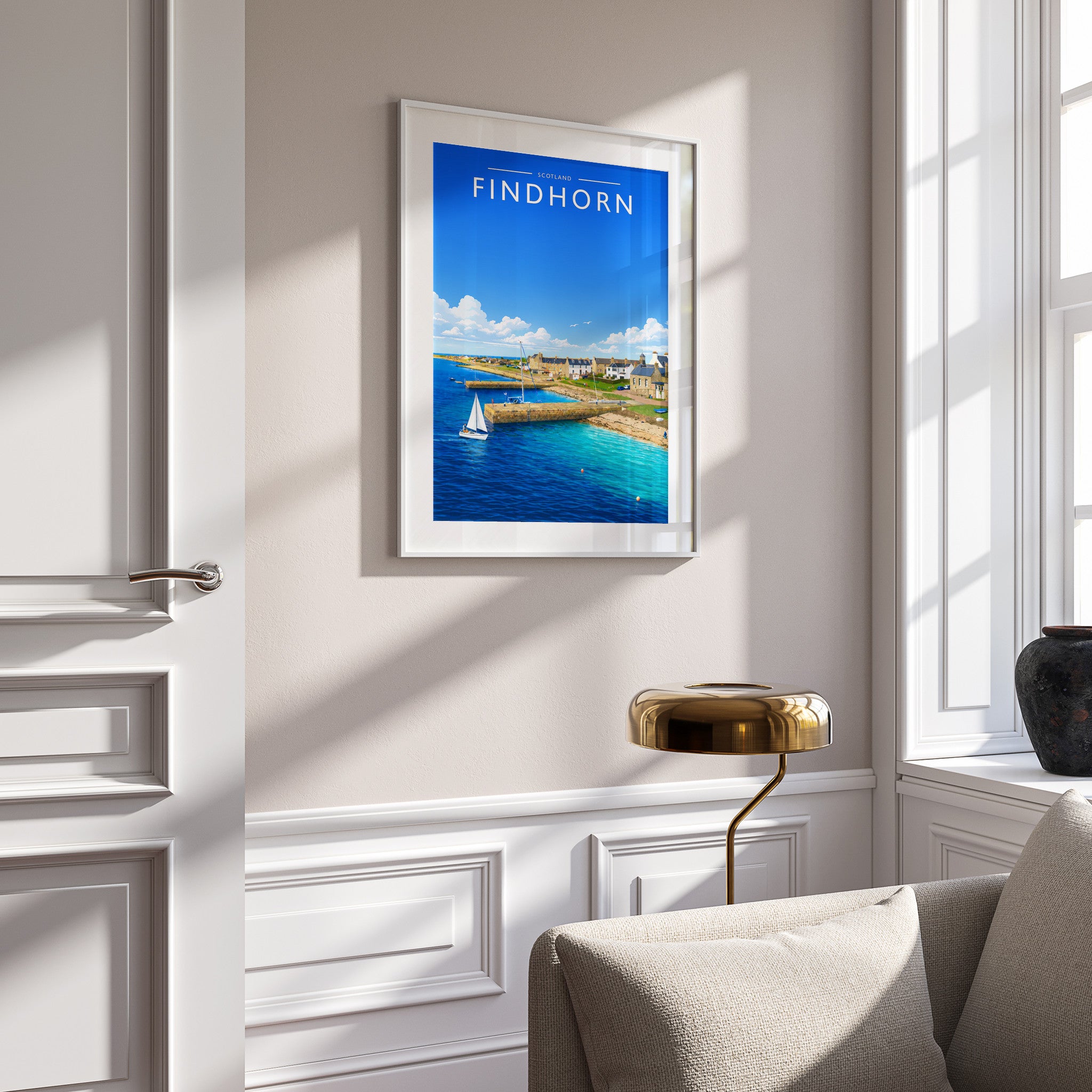 Findhorn Travel Poster in a white frame on a panelled wall