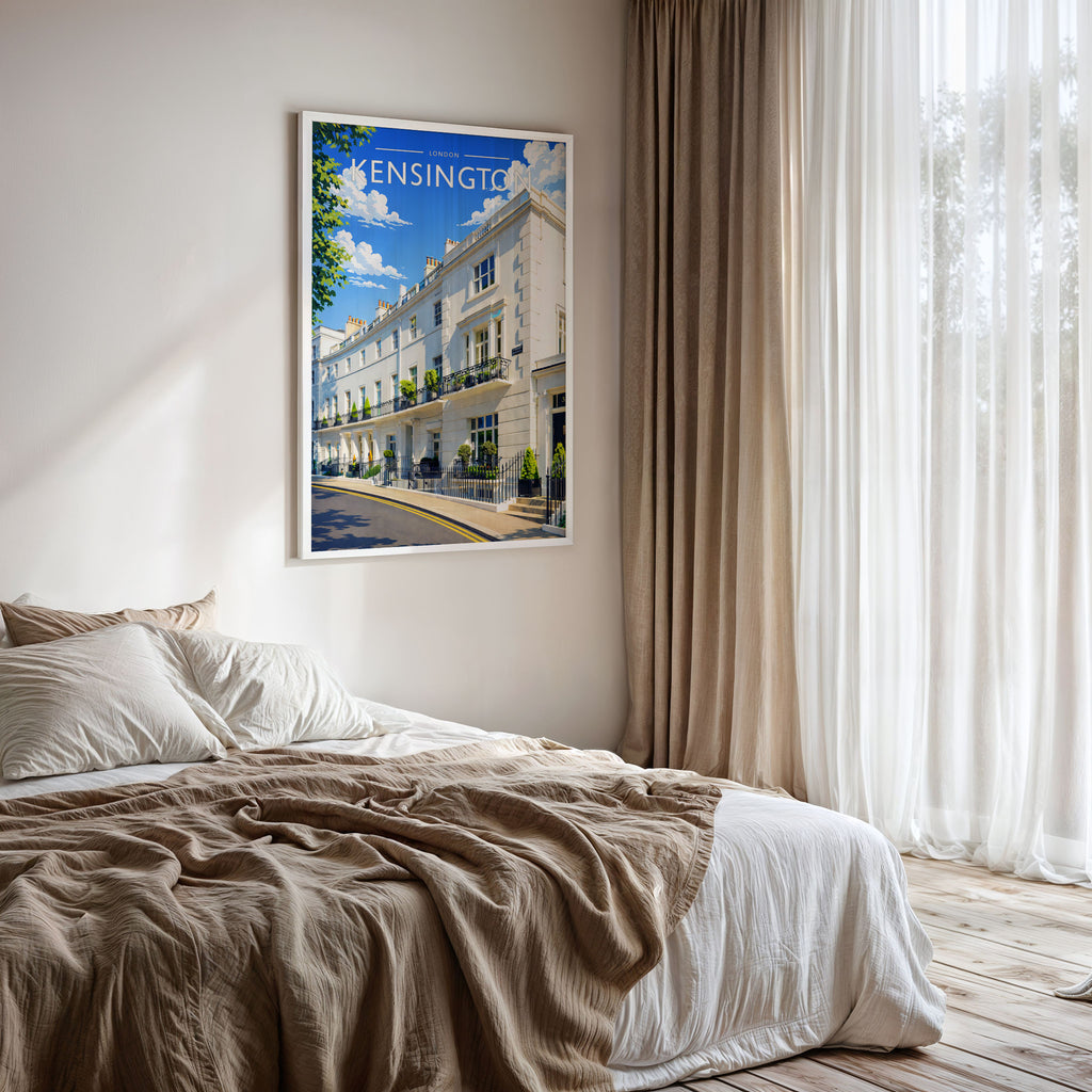 Kensington Travel Poster framed on a bedroom wall