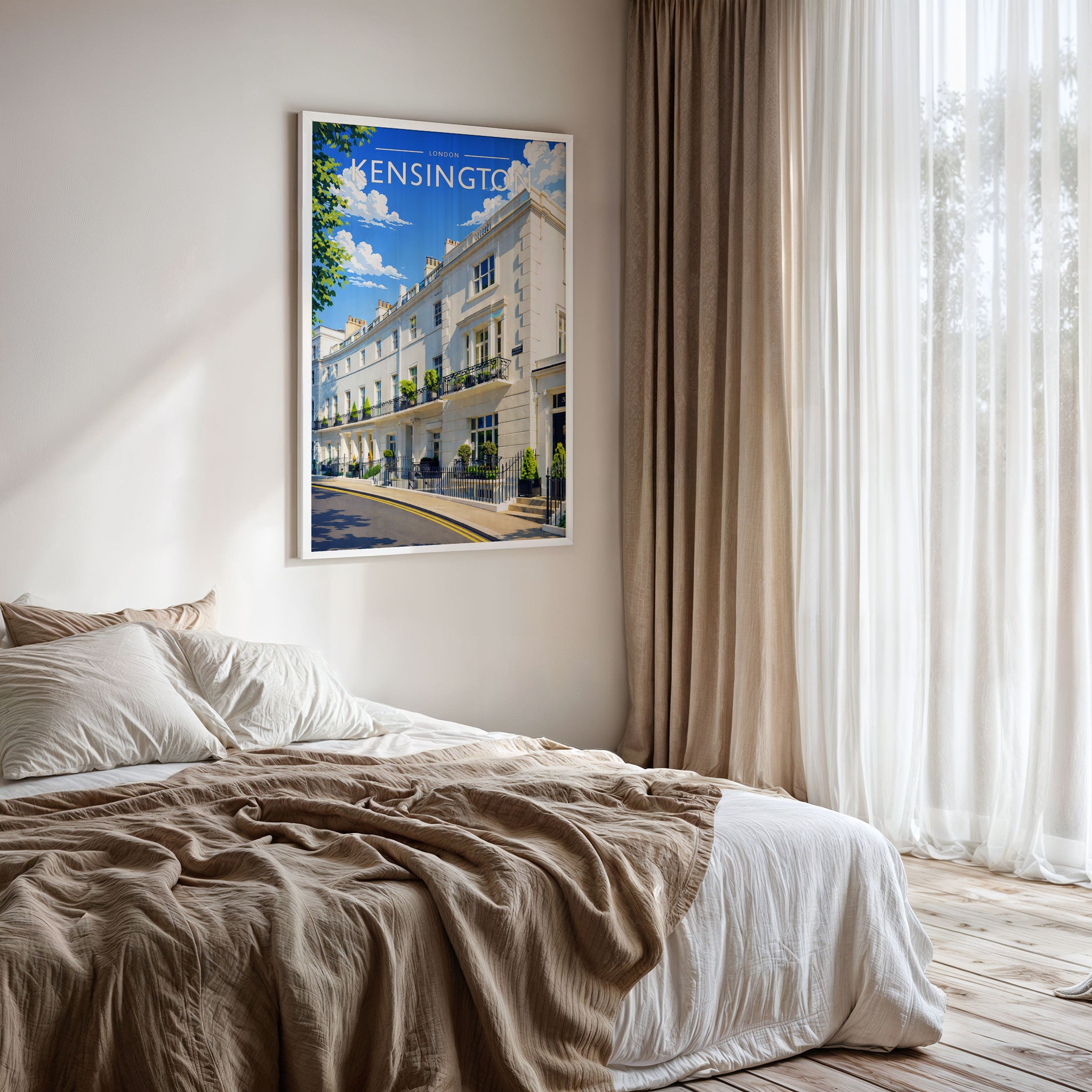 Kensington Travel Poster framed on a bedroom wall