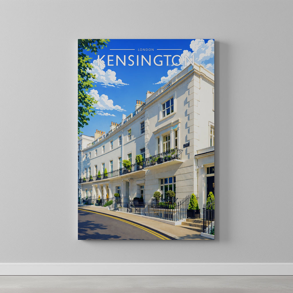 Kensington Travel Poster as a gallery-wrapped canvas on a plain wall