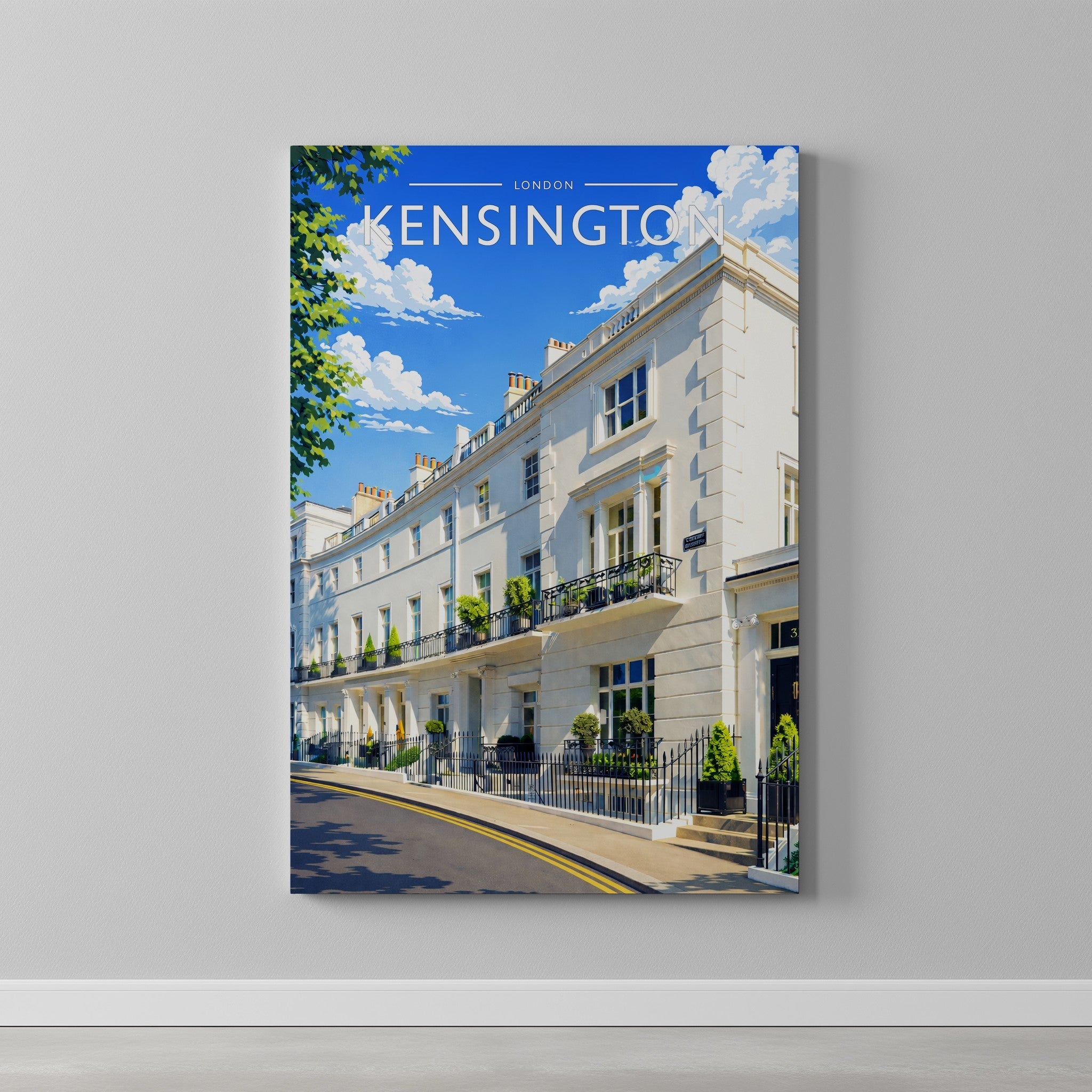 Kensington Travel Poster as a gallery-wrapped canvas on a plain wall