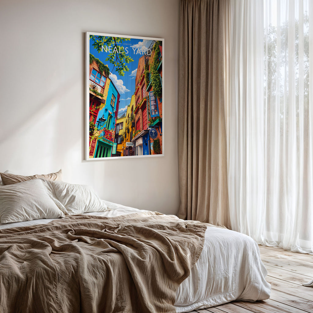 London #5 Travel Poster framed on a bedroom wall