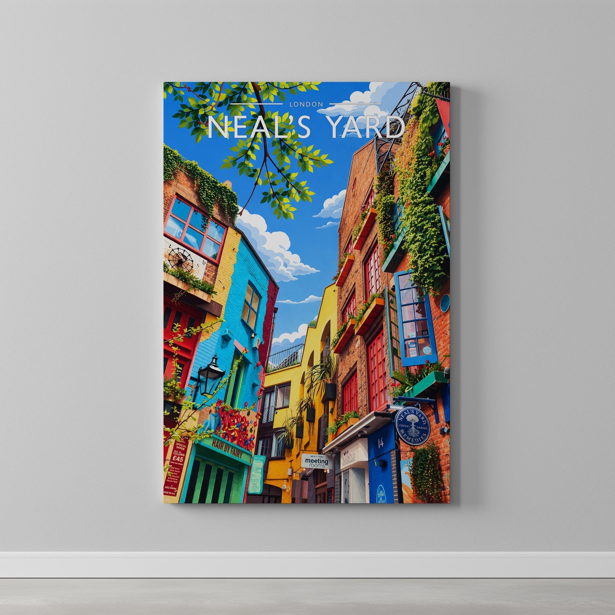 London #5 Travel Poster as a gallery-wrapped canvas on a plain wall