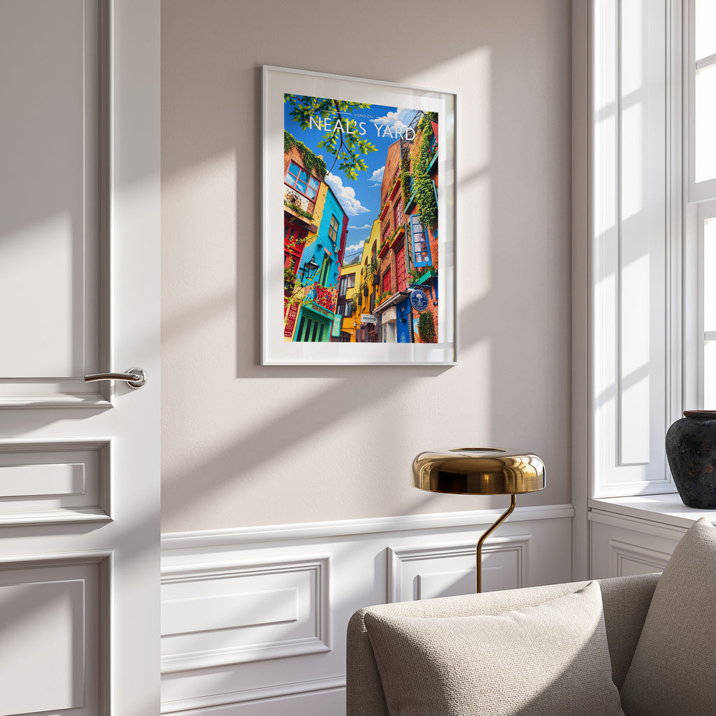 London #5 Travel Poster in a white frame on a panelled wall