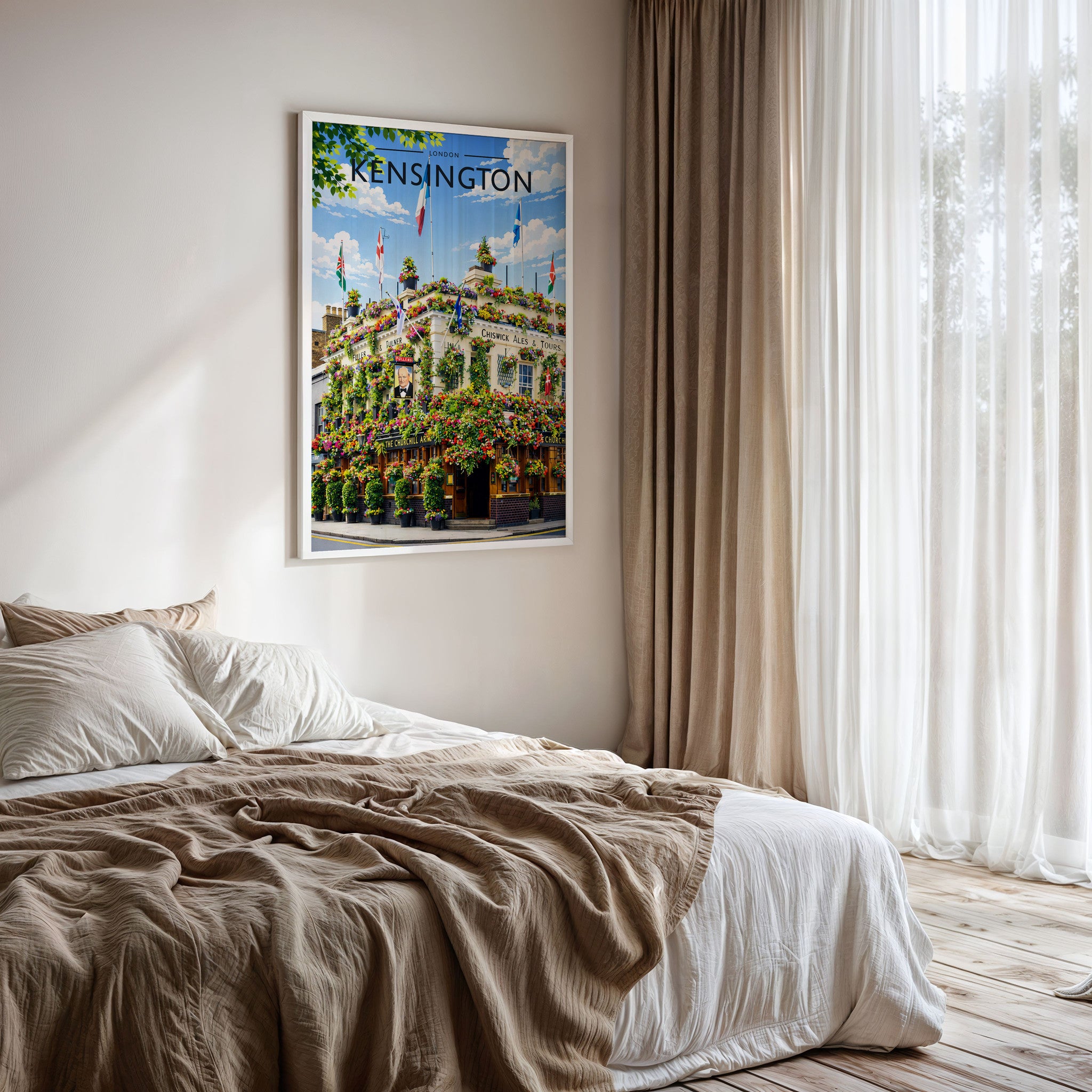 Kensington #2 Travel Poster framed on a bedroom wall