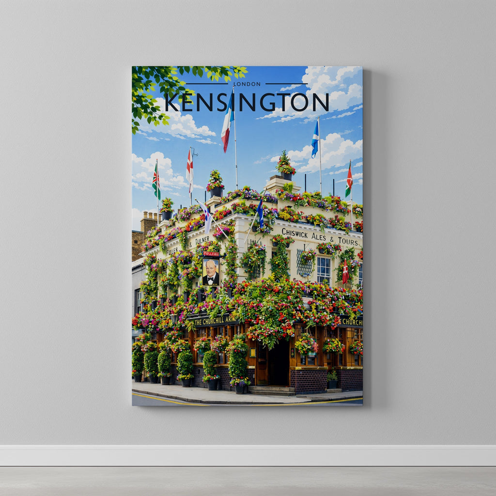 Kensington #2 Travel Poster as a gallery-wrapped canvas on a plain wall