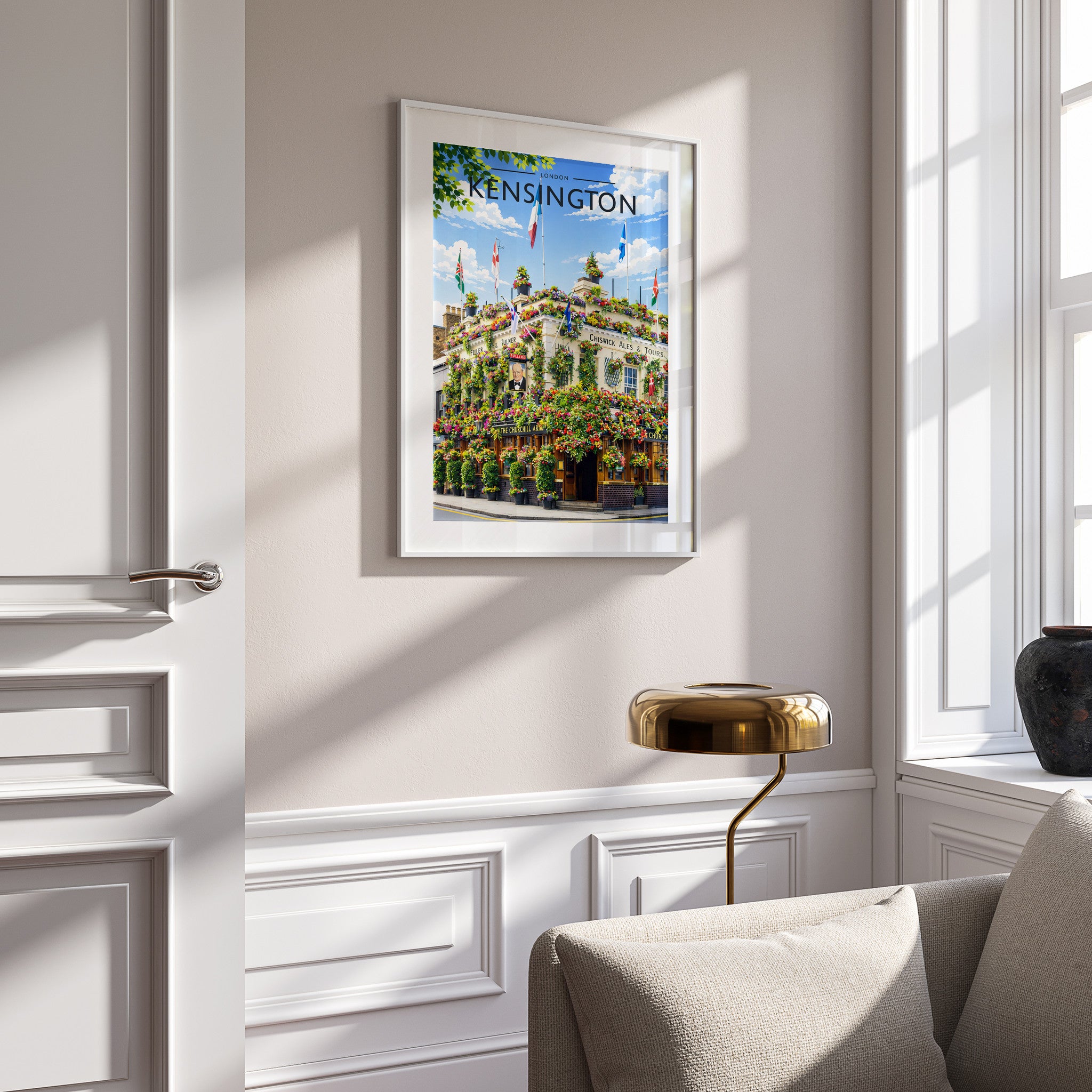 Kensington #2 Travel Poster in a white frame on a panelled wall
