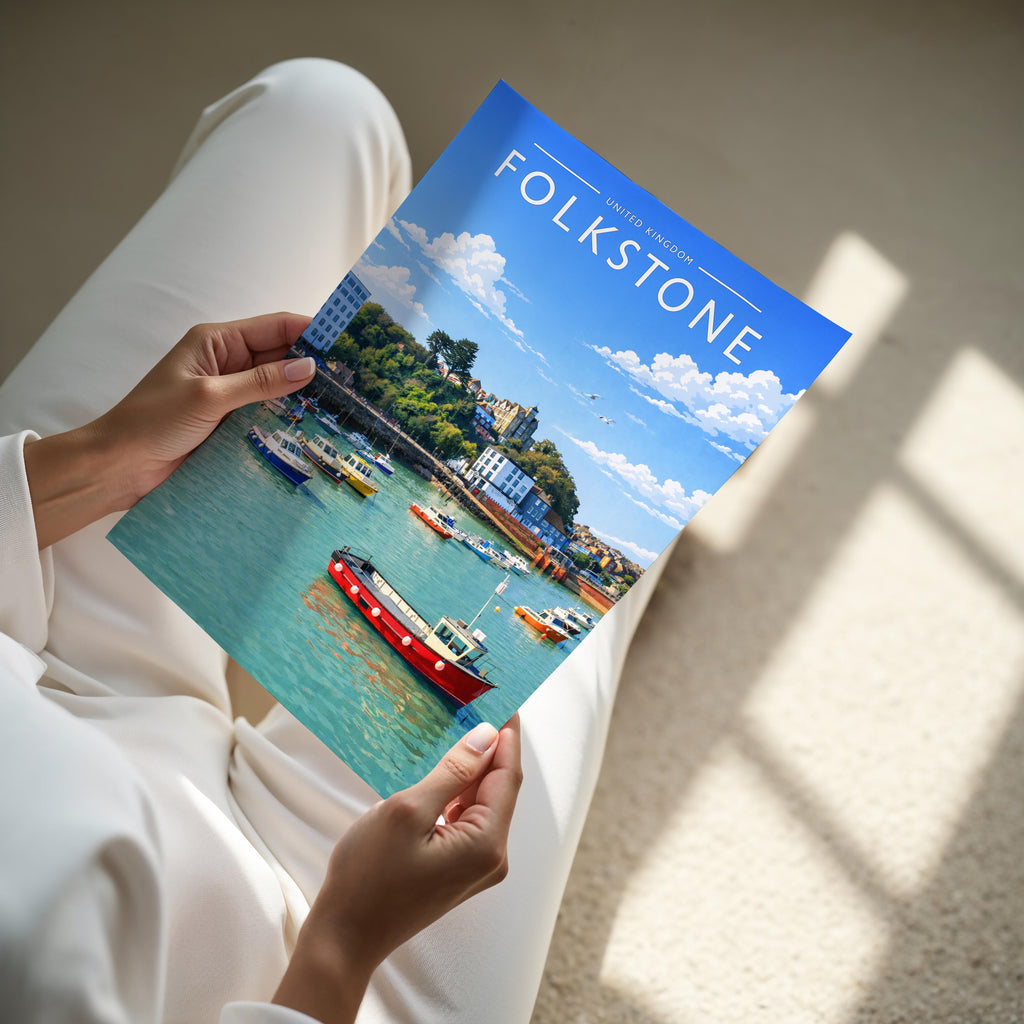 Folkestone Travel Poster - A4 print held in hand
