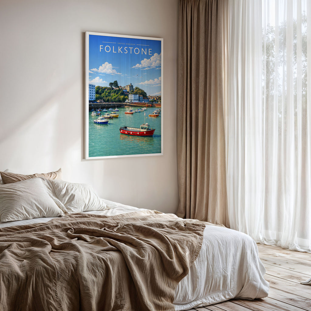 Folkestone Travel Poster framed on a bedroom wall
