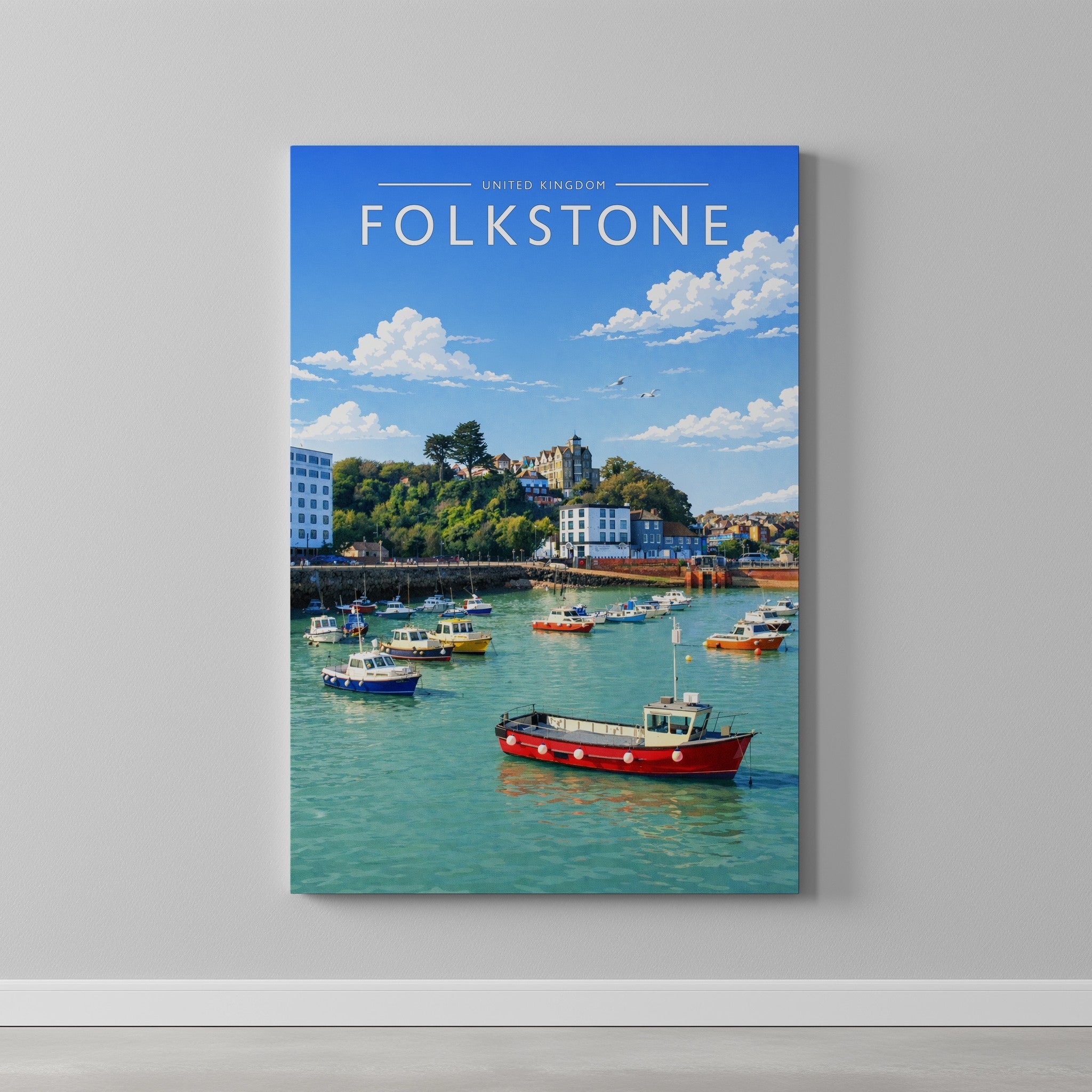 Folkestone Travel Poster as a gallery-wrapped canvas on a plain wall