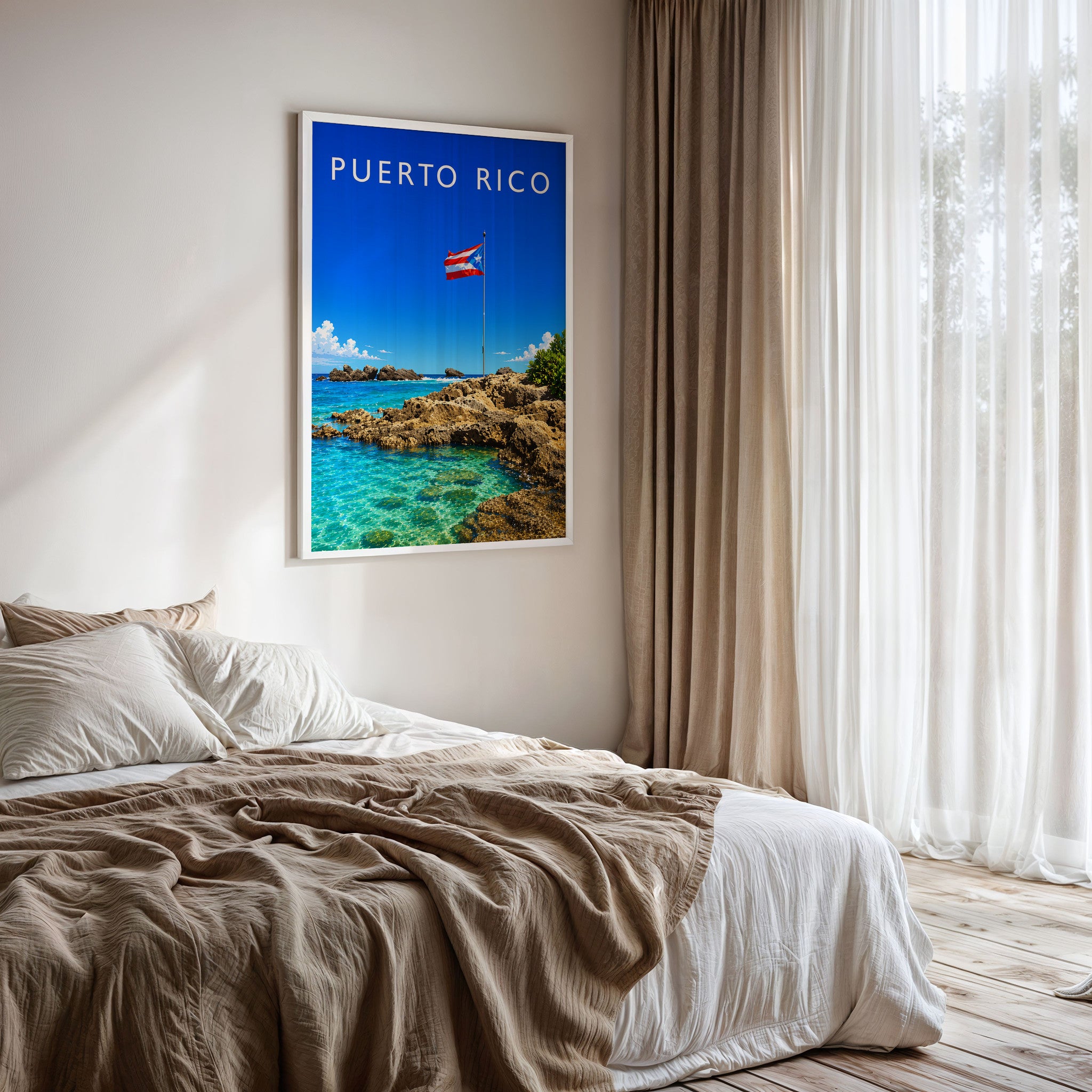 Puerto Rico Travel Poster framed on a bedroom wall